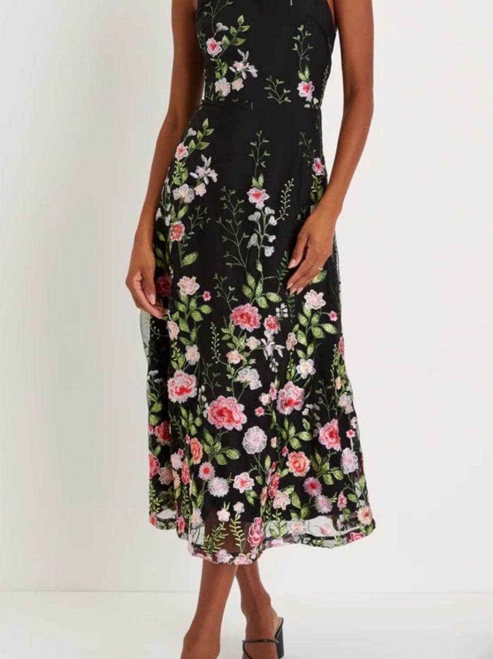Black Floral Midi Dress with Pink & Green Embroidery